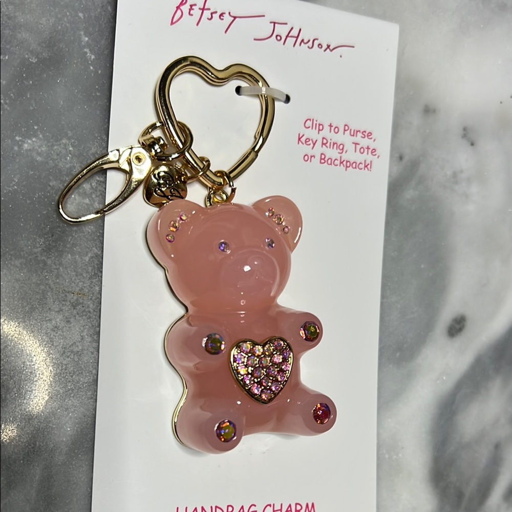 New Betsey Johnson Pink Bear Bag Charm Keychain